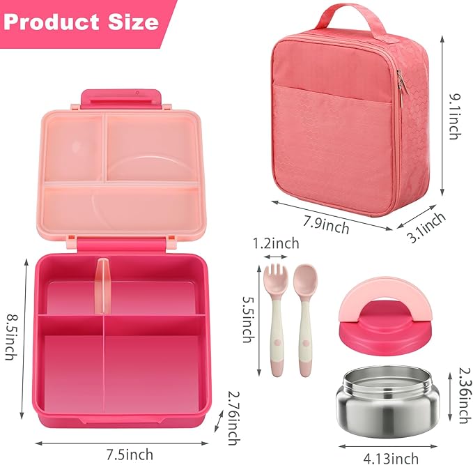 Bento Lunch Box Set for Kids with 8oz Soup Thermo, Leak-Proof Lunch Containers with 4 Compartment, Kids Thermo Hot Food Jar and Insulated Lunch Bag for Kid to School-Pink