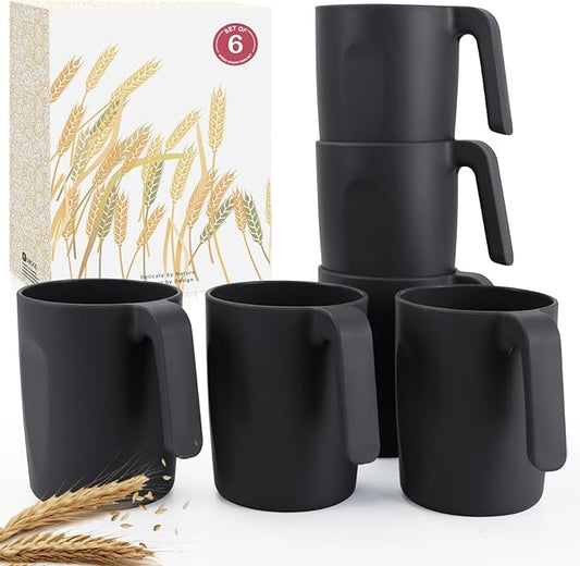 16oz Wheat Straw Cups with handles set of 6-Plastic Cups Reusable-Unbreakable Kids Mugs-Dishwasher Safe & Microwave Safe-Ideal Plastic Mugs for Tea,Coffee,Camping,RV-Black