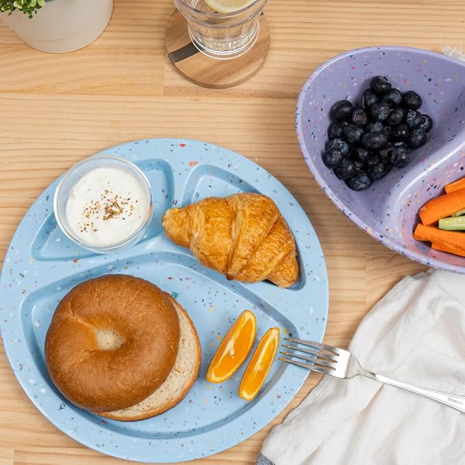 bzyoo 11-Inch Divided Plate Set of 2 - Confetti Blue 100% Melamine Portion Control Plate for Adults, Kids Unbreakable, Dishwasher Safe for Camping, BBQ