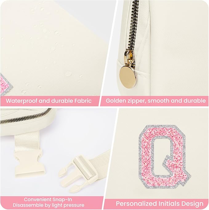 Birthday Gifts for 6 7 8 9 10 11 12 13 Year Old Girls, Fanny Pack Belt Bag Crossbody Bags for Women Girls Kids, Small Initial Letter Waist Packs Cute Teen Trendy Stuff Travel Essentials (Cream, Q)