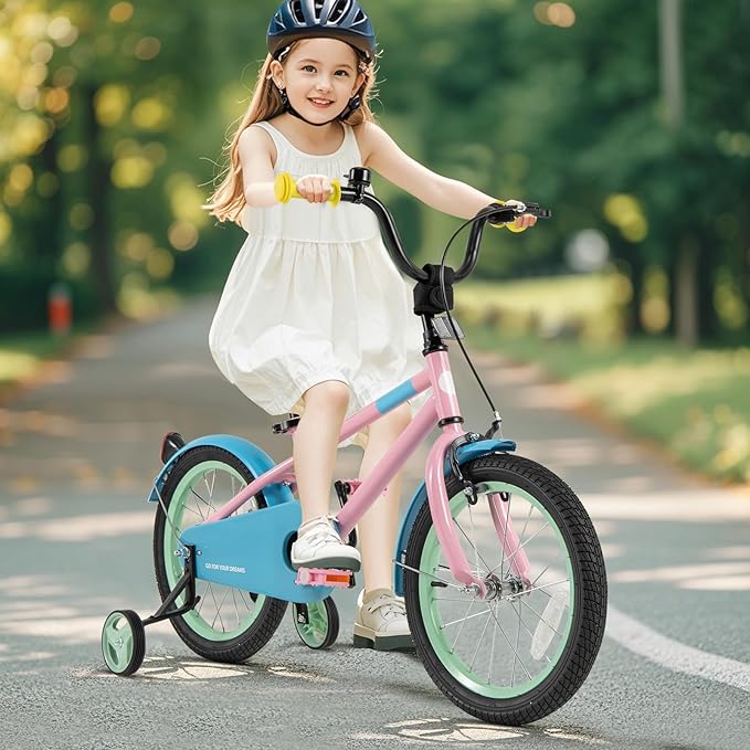 BABY JOY Colorful Macarons Kids Bike, 12 14 16 18 Inch Sporty Children's Bicycle with Training Wheels, Adjustable Handlebar & Saddle, Handbrake & Coaster Brake, Boys Girls Bike for 3-8 Years Old