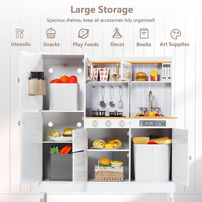 Kinder King Wooden Kids Play Kitchen, Kitchen Playset for Toddler Kid, Play Kitchen Toy Set w/Real Sounds, Pretend Microwave Oven, Ice Maker, Telephone, Gift for Boys Girls Age 3+, White