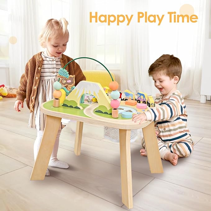 wingyz 9-in-1 Activity Table for 1 Year Old Toddler, Multi-Colorful Wooden Montessori Toys, Baby Play Table with Bead Maze Shape Sorter Train Toy, Educational Gifts for 12 Months+ Kids Boys Girls