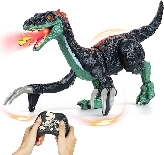 Remote Control Dinosaur Toys for Kids - Big Electronic RC Walking Realistic Dinosaur Toys with Spray & Light & Roar, Jurassic Velociraptor Toy Christmas Birthday Gift for Boys and Girls 3-12 (Green)