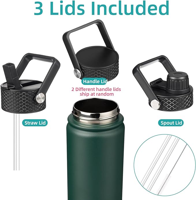 18 oz Insulated Water Bottle Stainless Steel Sport Bottles with 3 Lids,Army Green