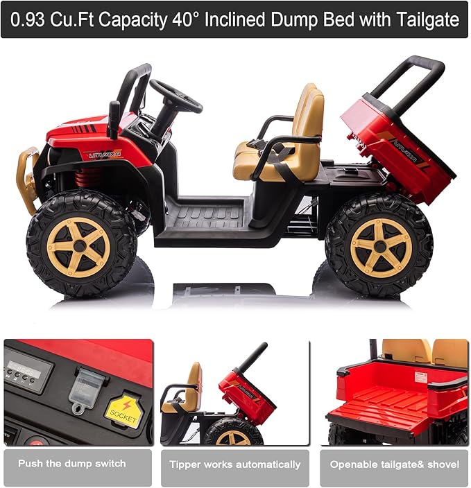 POSTACK 24V 2 Seats Side by Side Ride On Dump Truck 4x4 Kids UTV for Toddlers Ride On Toy Car with Remote Control Electric Car with Rubber-Plastic Polymerized EVA Tire, Electric Dump Bed, Music, Red