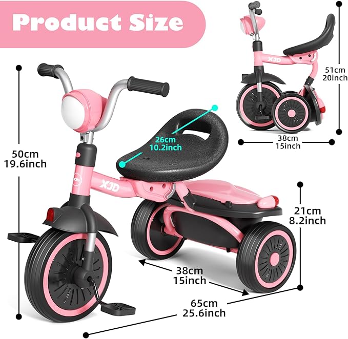 XJD Toddler Tricycle, Foldable Toddler Bike with Pedals, Tricycle for 2-5 Year Olds, Adjustable Comfortable Seat, Birthday Gifts for 1-5 Years Old Boys and Girls (Pink)