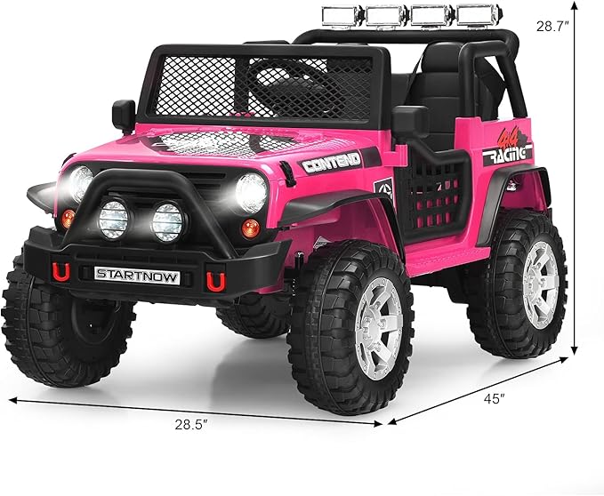 Costzon 2-Seater Ride on Truck, 12V Battery Powered Electric Vehicle w/Remote Control, 2 Speeds, Spring Suspension, LED Light, Horn, Music/ MP3, 2 Doors Open, Ride on Car for Kids (Pink)