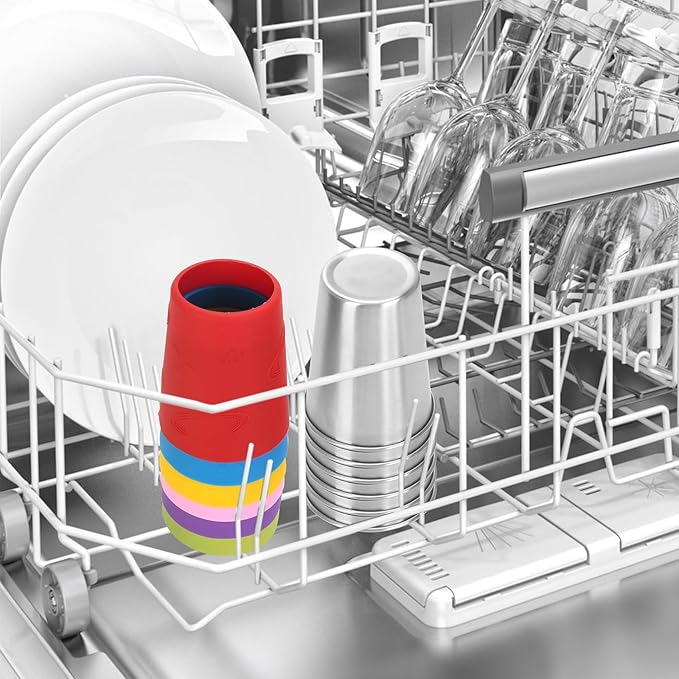 ShineMe Stainless Steel Cups for Kids, 12oz Kids Cups with Stainless Steel Straws and Leak Proof Lids, Unbreakable Metal Tumbler with Colorful Sleeves for Heat/Cold Insulation 6 Pack