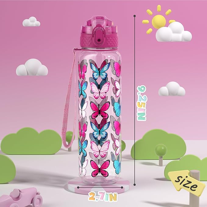 OLDLEY 17oz Kids Water Bottle for school Girls Boys, Water Bottle With Silicone Straw, Leak-Proof Tritan BPA-Free, Reusable water bottles for kids, Colorblock Butterflies