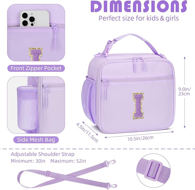 Kids Initial Lunch Bag, Reusable Insulated Lunch Box for Girls Toddlers, Back to School Gift, Leak-proof Cooler Bag for School Daycare Travel Picnic, Purple-I