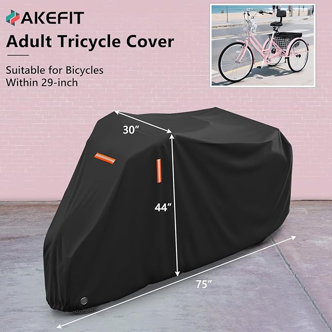 AKEfit Adult Tricycle Cover, Bike Covers Outdoor Storage Waterproof Cover for Electric Trike, With Windproof Buckle and Lock Hole, 75"L x 30"W x 44"H, Black