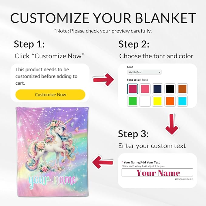 Custom Unicorn Blanket for Girls, 60 x 80 Inches Twin Size Women Blanket - Soft Fuzzy Plush Throw Gifts - Aesthetic Colorful Unicorn Throws for Bed, Living Room
