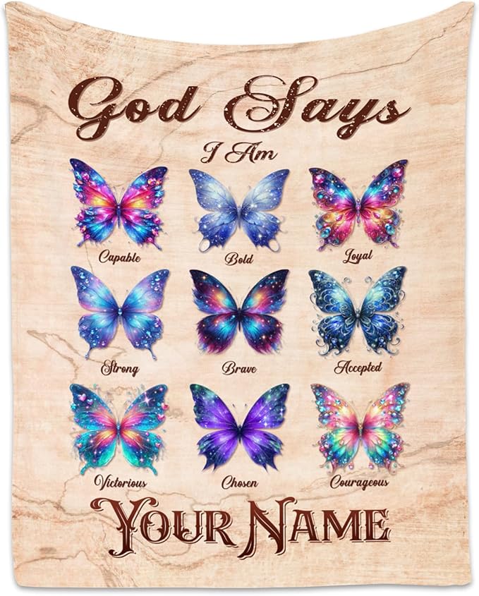 Personalized Butterfly Blanket with Name for Women, Girls & Kids - God Says I Am Fleece Fuzzy Throw for Couch, Inspirational Gifts for Her & Daughter, 50"x60"