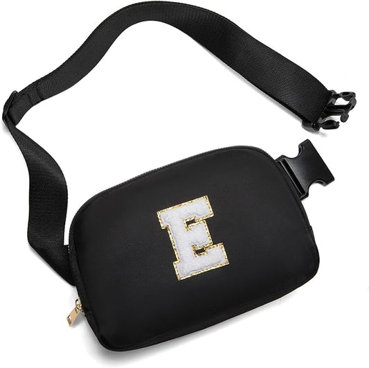 Gitus Birthday Gifts for 8 9 10 11 12 13 Year Old Girls Personalized Fanny Pack Crossbody Bags with Initial Letter Patch Belt Bag for Teen Girls Cute Trendy Stuff Travel Essentials (Black-E)