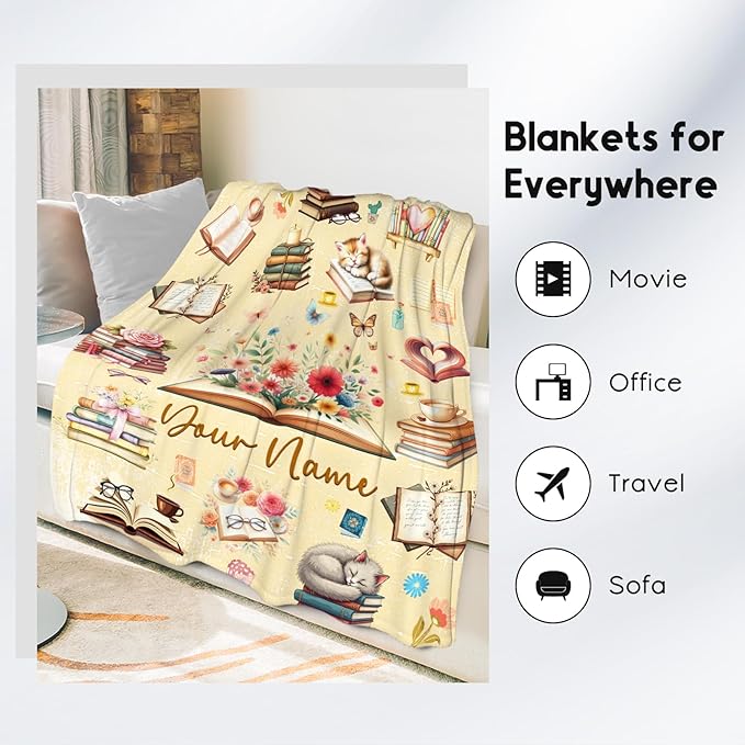 Blanket for Girls, Book Blankets, Personalized Book Lovers Gifts for Kids Daughter Granddaughter, 40"x50" Custom Cozy Plush Throw for Library Nap