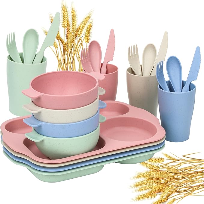 24 PCS Wheat Straw Dinnerware Set for Kids Toddler Plate Bowl Cup Sets Unbreakable BPA-Free Tableware Set with Divided Plate Microwave Dishwasher Safe Perfect for Home School Picnics