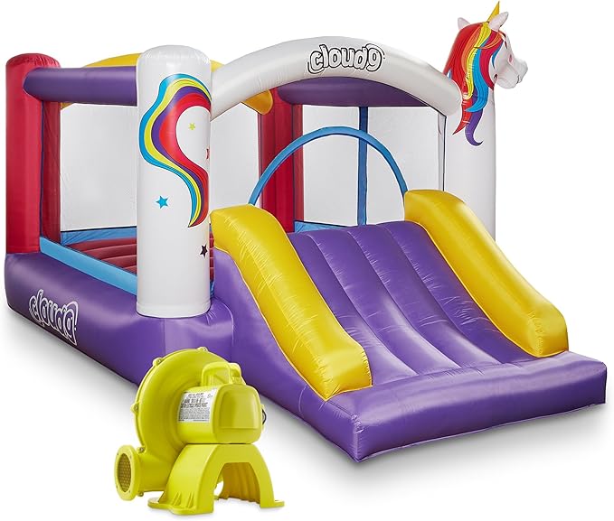 Cloud 9 Inflatable Bounce House and Blower, Unicorn Theme Bouncer for Kids with Slide, Includes Stakes and Repair Patches
