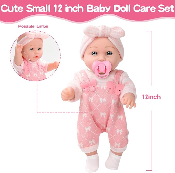 12" Baby Doll with Clothes and Accessories Set in Gift Box,12 Inch Baby Care Game Playset with Pacifier Feeding Bottle First Baby Dolls Toy Stuff Gift Idea for Toddler Girl Age 3+