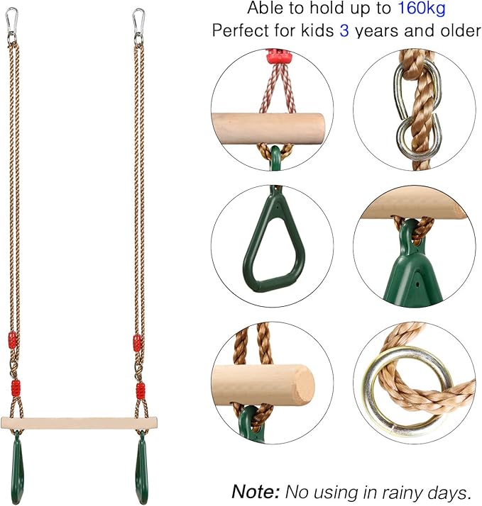 PELLOR Playground Children's Wooden Trapeze Swing Bar with Plastic Gym Rings Swing Set for Indoor & Outdoor Fun