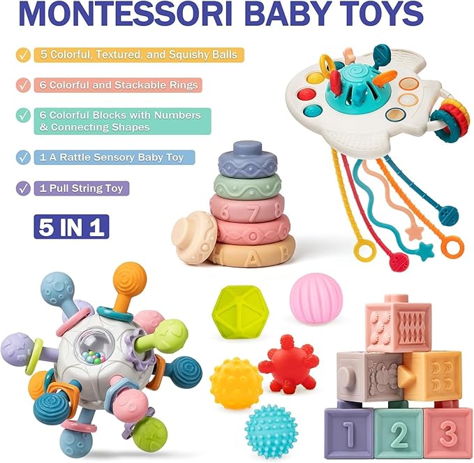 Baby Toys 6 to 12 Months, 5 In 1 Montessori Toys for 1 Year Old, Incl Travel Pull String Toy & Rattle Teether & Stacking Baby Block & Soft Infant Ring & Sensory Ball for Toddler 0-3-6-9-12 Month