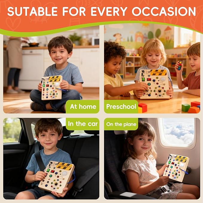 Montessori Busy Board for Toddlers, 19-LED Wooden Sensory Activity Board, Educational Toys for 3-6 Year Olds, Travel Toy for Early Science Exploration