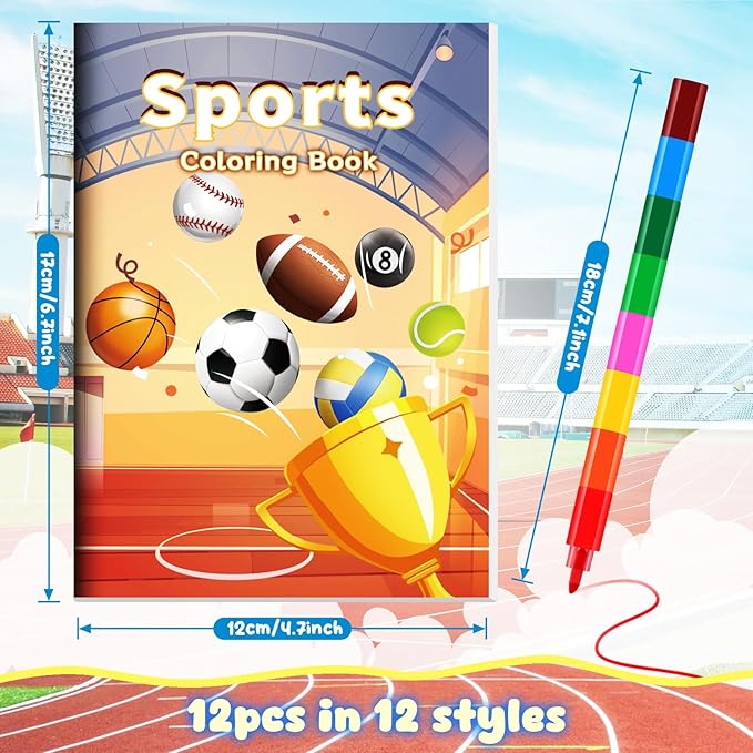 BenLouis 12 Sports Mini Coloring Books Kids with 12 Stacking Crayons Sports Themed Party Favors Small Activity Books Bulk for Kids Sports Birthday Party Gift Goodie Bag Stuffers