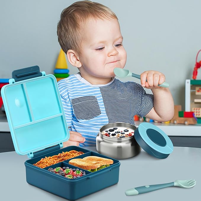 Itslife Bento Lunch Box for Kids with 8oz Soup Thermo&Lunch Bag, Leak-Proof Lunch Food Containers with 4 Compartment, Hot Food Insulated Food Jar for Kids School (Blue)