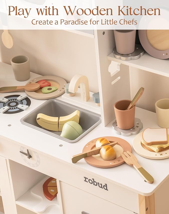 ROBUD 4-Set Wooden Play Dishes Set - Montessori-Inspired Play Food Accessories for Kids, Pretend Play Kitchen Set for Toddlers, Role Play Gift for Boys and Girls