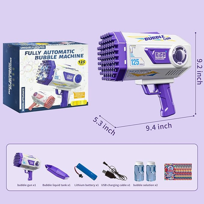 Bubble Gun, 125 Holes Bubble Machine Gun, Bubble Blaster Gun for Kids, Rechargeable Bubble Gun with Bubble Solution, Halloween Toy Party Favors Bubble Maker for Wedding Birthday (Purple)