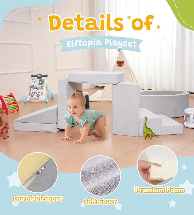 Foam Climbing Blocks with Ball Pit & Stairs for Toddlers Aged 1-3 -Soft Playset for Indoor Crawling, Foam Playground Set for Baby to Active Playing Inside -(Balls NOT Included),Grey