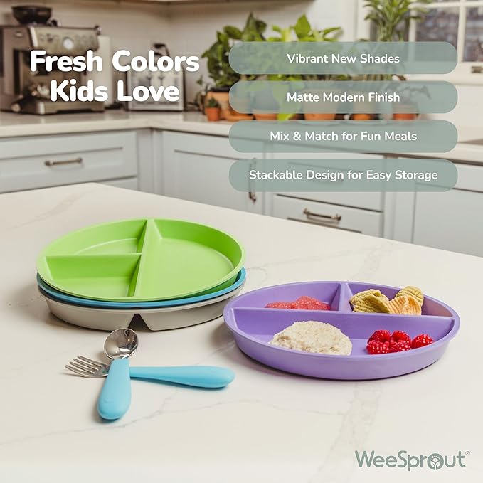 WeeSprout Divided Bamboo & Melamine Plates for Kids - Set of 4 Toddler Dinnerware, Food Grade, Kid Safe with Divided Design for Picky Eaters, Dishwasher Safe, Reusable Modern Tableware
