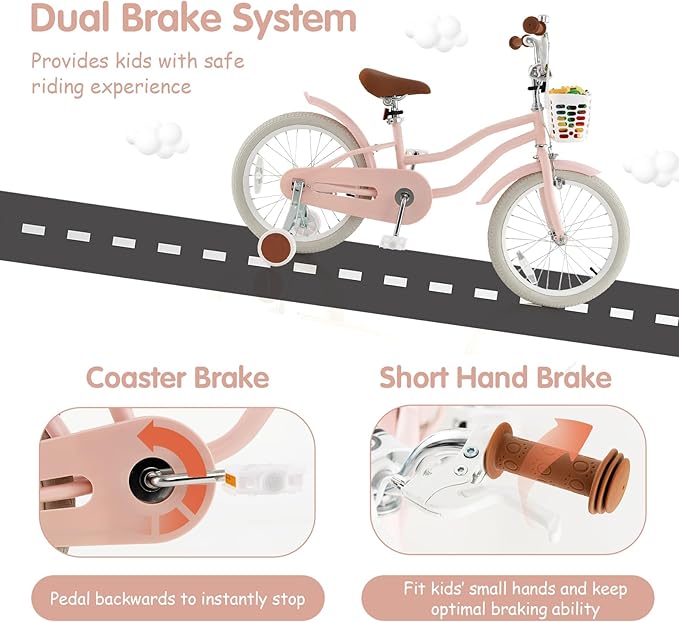 HONEY JOY Kids Bike, 12 14 16 18 20 Inch Toddler Bikes w/Training Wheels, Handbrake & Coaster Brake, Fully Enclosed Chain, Adjustable Handlebar & Seat, Kids Bicycle w/Basket, Girls Boys Bike 3-8