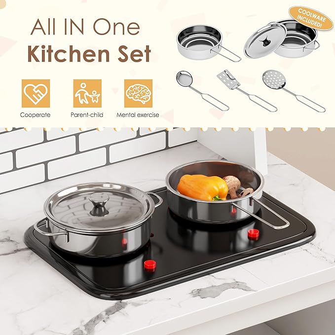 DlandHome Kids Kitchen Playset, Pretend Kitchen Playset with Real Lights & Sounds, Chef Pretend Play Set with Sink Oven Microwave, Ideal Role Play Toy Gift for Toddlers and Kids Ages 3+, White