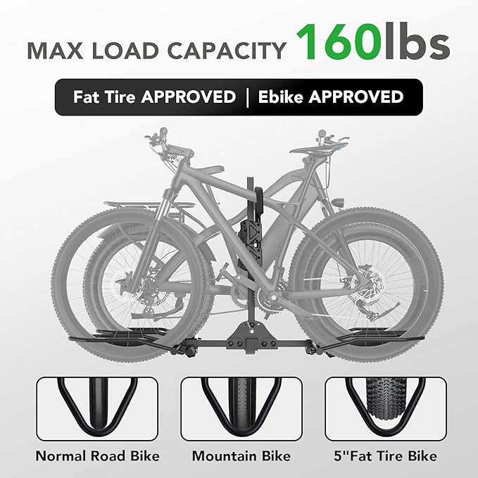 2-Bike Rack Hitch Mount, Fits E-Bikes, Fat Tires up to 5", 160lbs Tilting Hitch Mount Platform Rack for Cars SUVs Trucks -2" Receiver