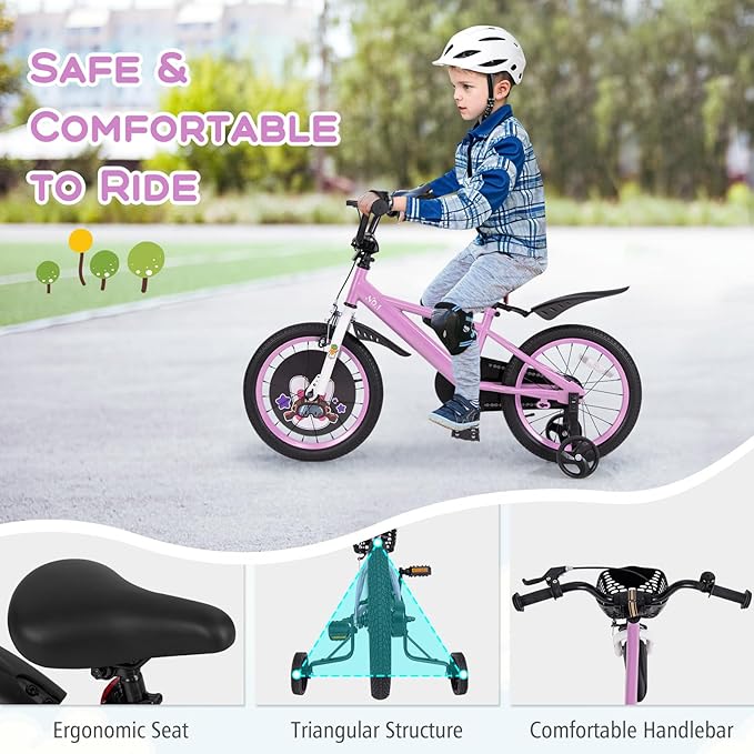 BABY JOY Rabbit Pilot Sporty Kids Bike, 12 14 16 18 Inch Child Bike for 3-8 Years Old with Adjustable Height, Training Wheels, Storage Basket, Handbrake & Coaster Brake, Kids Bicycle for Girls Boys