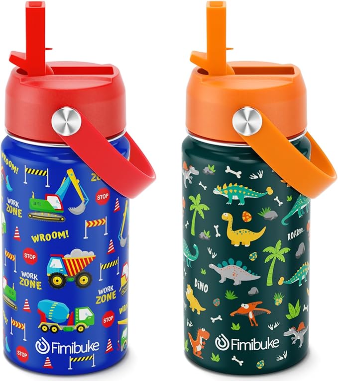 Fimibuke Kids Insulated Water Bottle, 14oz BPA FREE Double Wall Vacuum Tumbler 18/8 Stainless Steel Leak Proof Kids Cups with Straw Metal Bottles for School Boys Girls (2 Pack, Trucks/Green Dinosaur)
