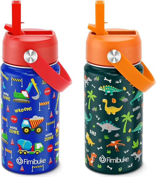 Fimibuke Kids Insulated Water Bottle, 14oz BPA FREE Double Wall Vacuum Tumbler 18/8 Stainless Steel Leak Proof Kids Cups with Straw Metal Bottles for School Boys Girls (2 Pack, Trucks/Green Dinosaur)