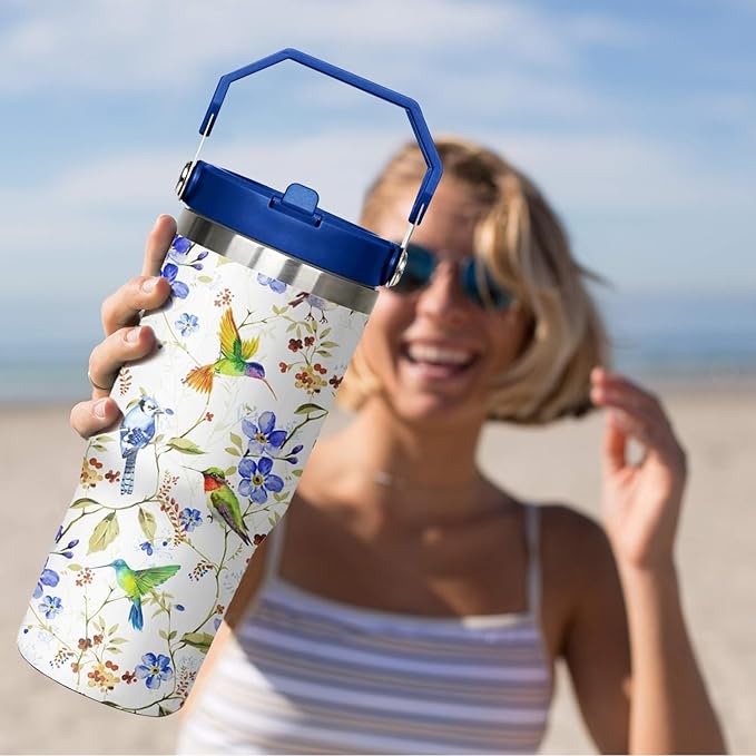 30 oz Hummingbird Flip Tumbler with Handle Lid and Straw,Hummingbird Stainless Steel Coffee Tumbler Mug Cup Watter Botter,Bird Gifts for Bird Lovers Women, Hummingbird Stuff/Accessories