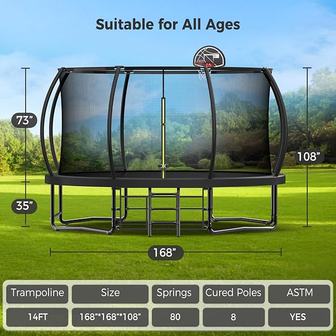 Tatub Large Trampolines Outdoor 10 12 14 15 16FT for Kids and Adults,Outdoor Recreational Pumpkin Trampolines with Curved Poles and Safety Enclosure Net, Basketball Hoop, Ladder