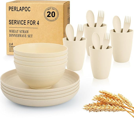 Kitchen Wheat Straw Dinnerware Sets for 4, Unbreakable Kids Dish Set 20 PCS - Dinner Plate/Cereal Bowl/Cup/Fork/Spoon, for Outdoor Camping, RV, Apartment Essentials - Beige