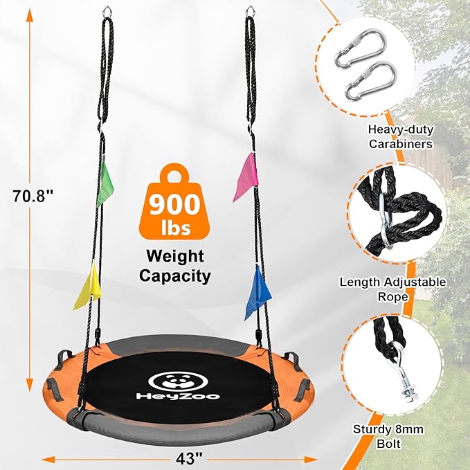 Tree Swing, Saucer Swing Sets 43 Inch for Kids, Come with 360 Degree Swivel and Adjustable Hanging Strap, Gray and Orange