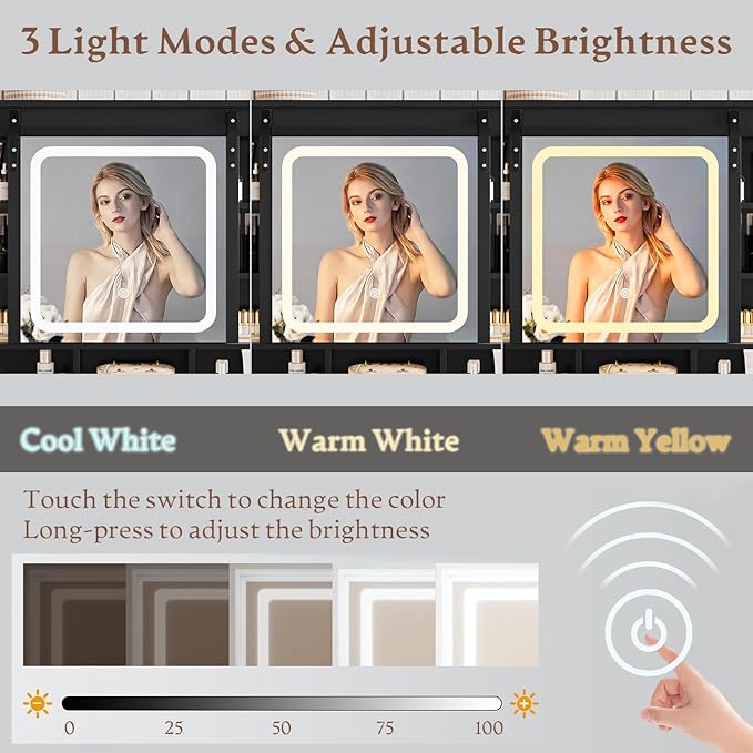 Makeup Vanity Desk with Sliding Mirror and Lights, Farmhouse Vanity Table Set with Power Outlet & RGB Cabinet, Dressing Table with Storage Drawers & Shelves for Kids Girls Women Bedroom, Black