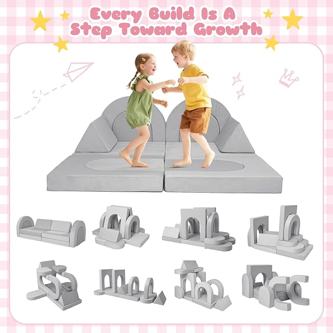 12 Pcs Modular Kids Play Couch, Toddler Couches That Fold Out, Plush Foam Chair for Children’s Playroom, Velvet Fabric Convertible Foam and Floor Cushion for Boys and Girls (Gray,07)