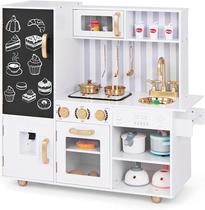 HONEY JOY Kids Kitchen Playset, Wooden Little Chef Pretend Play Kitchen Set w/Chalkboard & Water Dispenser, Lighted Stove, Storage Cabinet, Utensils, Play Kitchen for Toddlers, White + Golden