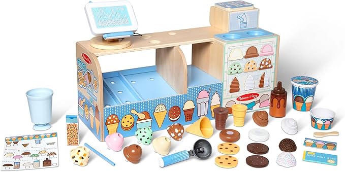 Melissa & Doug Cool Scoops Ice Creamery, Wooden Ice Cream Shop & Counter with Play Food & Play Kitchen Accessories, Preschool Learning Toys for Girls & Boys 3+ - FSC Certified
