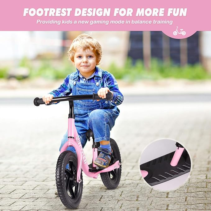 Birtech Balance Bike for 2-5 Year Old, 12 Inch Toddler Bike No Pedal Training Bicycle with Adjustable Seat Height, Airless Tire (Pink)