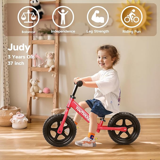 12 Inch Toddler Balance Bike for 1-3 Year Olds, No-Pedal Bike with Tool-Free Adjustable Seat, Quick Assembly, Gift for 1-3 Year Old Boys & Girls with Customizable Plate
