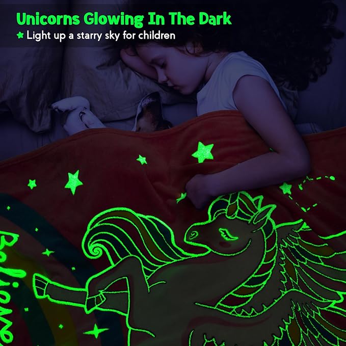 Unicorn Gifts Toys for Kids Girls - Glow in The Dark Blanket Age 1-13 Years Old Birthday Christmas Valentine's Gift Easter Presents Toddler Teen Daughter Grandkids Rainbow Moon Stars Throw 50"x60"