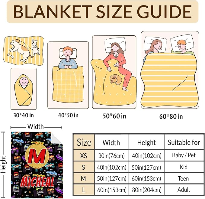 Boys Blankets, Personalized Truck Blanket with Initial Monogram for Kids Toddlers, Cute Car Throws Blanket Gift, Soft Cozy Flannel Throw for Sofa Bed Couch Decor